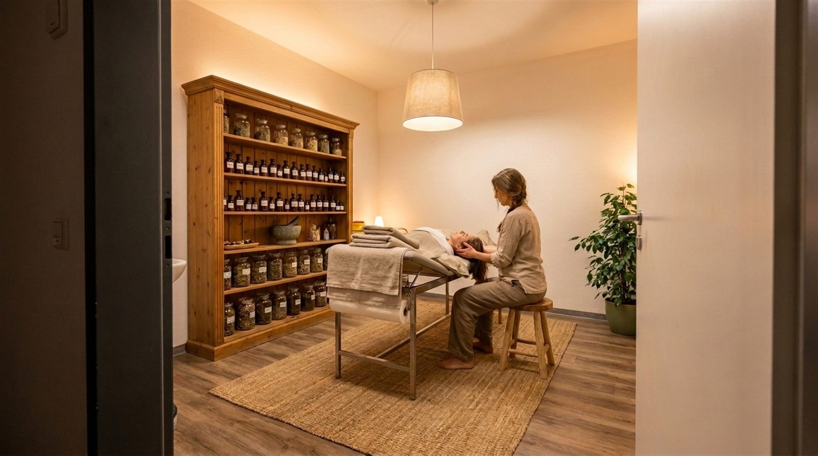 Naturheilpraxis mit Kr&auml;uterregal, craniosacrale Behandlung